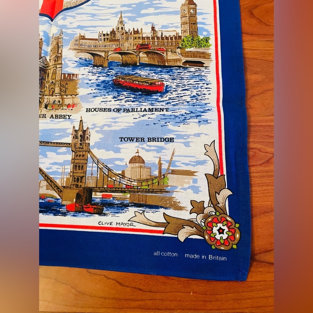 Vintage Cotton Tea Towel London Clive Mayor Souvenir Big Ben Buckingham Bridge - Picture 4 of 10